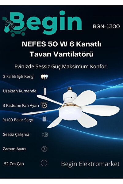 BEGİN 50 w 6 Kanatlı tavan vantilatörü uzaktan kumandalı led ışıklı
