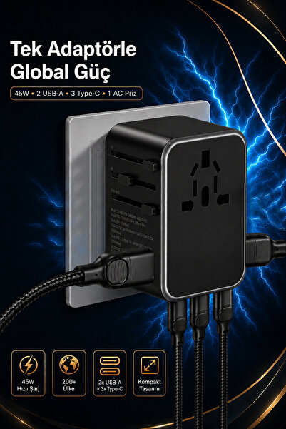 The Wlue Evrensel Seyahat Şarj Adaptörü Fiş Priz Dönüştürücü Priz 45W /2xUSB/...