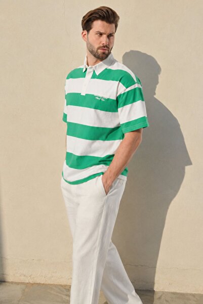 Madmext Πράσινο μπλουζάκι με γιακά πόλο Oversize Color Block E7120