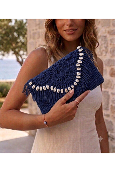 Ahşap Evi Kağıt İp Portföy Lacivert Çanta Hasır El Çantası Portföy, Clutch Çanta
