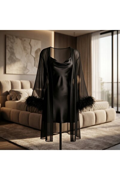 Lady Lingerie طقم قميص نوم نسائي ساتان مع روب شيفون شفاف بأكمام ريشية | ملابس...