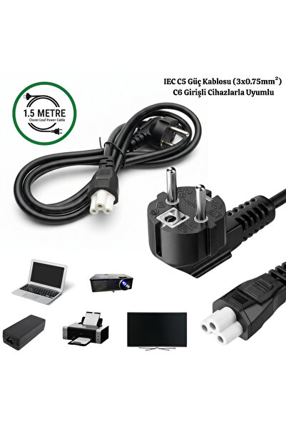 VOREX GABBLE 1.5 Metre C5 Yonca Güç Kablosu 250V Laptop Notebook Adaptör TV M...