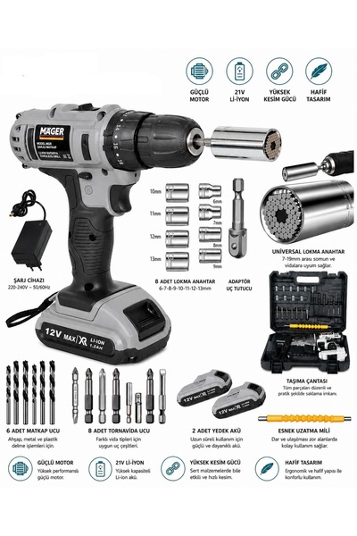 Mager ZY-05 Akülü Vidalama Şarjlı Matkap 24 Parça Set Ve Efsane soket Gator Grip