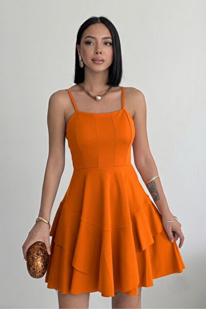 ALFUDO Moda Collection İnce Askılı Eteği Kat Detay Abiye Elbise Turuncu Mezun...