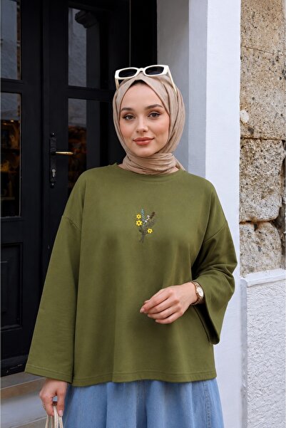 Lunfia Çiçek Desenli Salaş Yuvarlak Yaka Penye Bluz - Yeşil