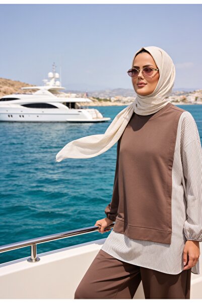 ASEL FASHİON Kadın Tesettür Takım Line İkili Takım Gömlek Kahve