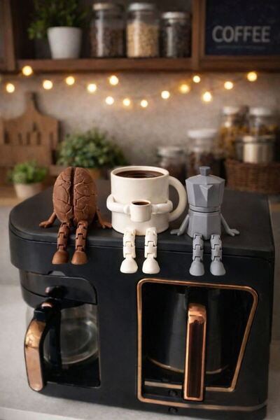 Sevimli Kahve Köşesi 3’lü Biblo Seti - Kahve Çekirdeği - Moka Pot - Kupa