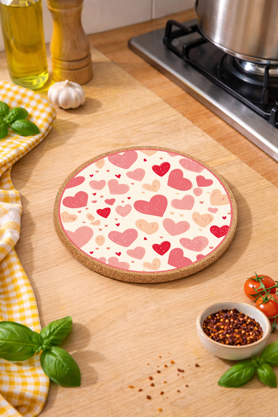 Pink Heart Patterned Mushroom Final Pot Pan Coaster 19cm Diameter 1cm Thickness