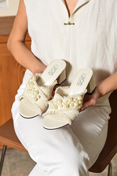 dabab shoes Anka Women's Straw Textured Pearl Thick Heel Ecru Slippers Sandals