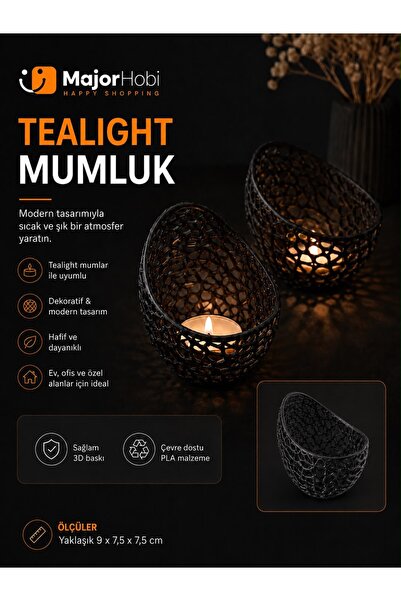 Major Hobi Modern Tealight Mumluk 3D Baskı Dekoratif Mumluk 12x12 cm Şık Masa...