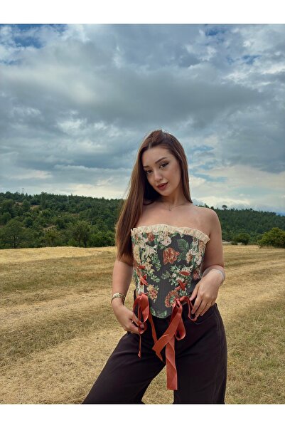 ecemce butik Bağcık Detaylı Desenli Vintage Korse Büstiyer