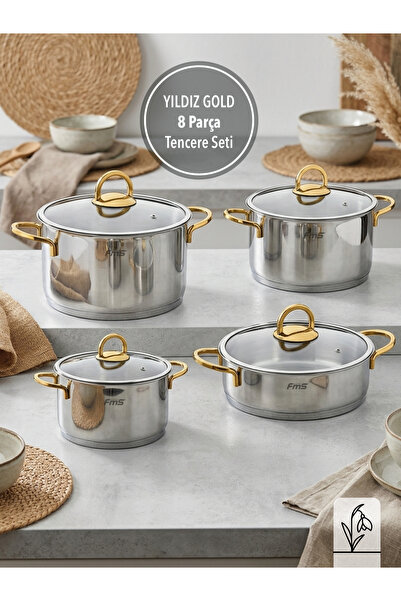 FMS Yıldız Gold 8 Piece Cookware Set |   18/10 Stainless Steel |   Induction ...