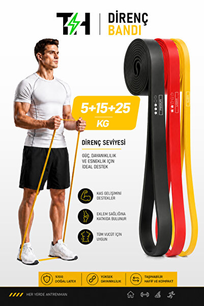 Thundara 3'lü SET 5 + 15 + 25 KG Direnç Bandı Gym Barfiks Lastiği Antrenman K...