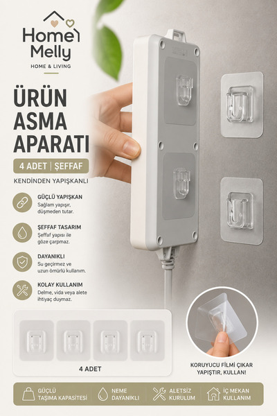 btm home 4’lü Çift Taraflı Yapışkanlı Klips | Eşya Sabitleme Askısı – Şeffaf ...