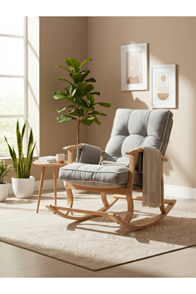 Sabaz Home İki Cepli Sallanan Sandalye, Gri Minderli Ahşap Sallanır Koltuk, R...