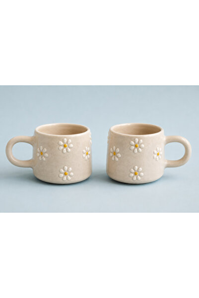 Home El Yapımı Seramik Çayır Papatya Kabartma Desenli 2'li Kupa Takımı Mug