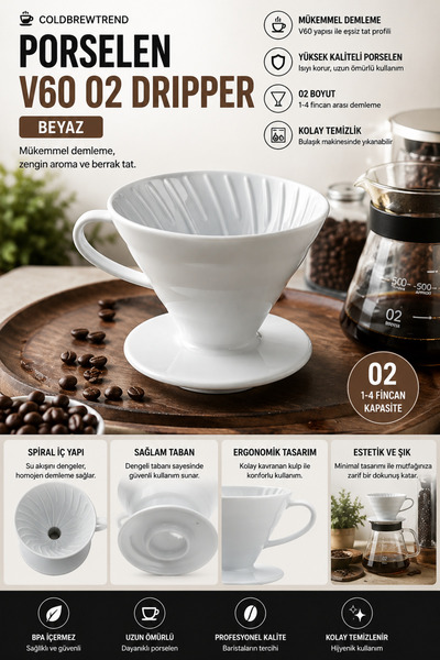 COLD BREW TREND by uğur cadırcı Porselen V60 02 Beyaz Dripper