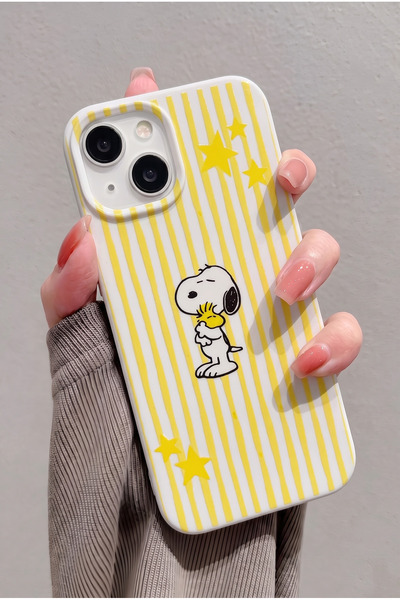 KVK PRİVACY iPhone 13/14/15 Uyumlu Snoopy Desenli Sarı Çizgili Kadifemsi Soft...