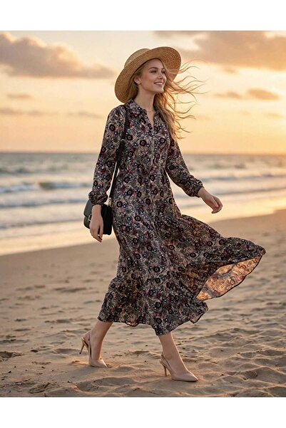 Freeista Plum Hijab Dress Long with Buttons