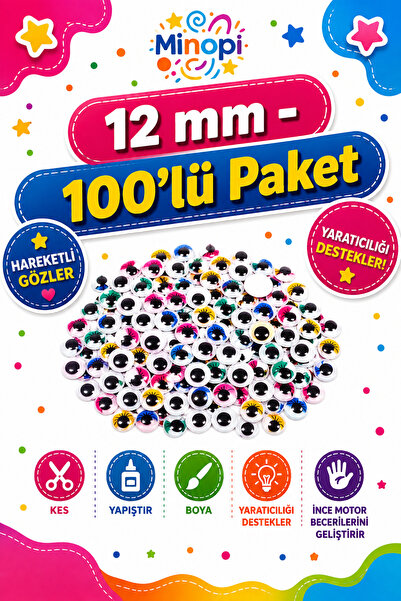 Minopi Oynar Göz Renkli 12 mm 100'lü Paket Oynayan Göz Hobi Tasarım Anasınıfı...