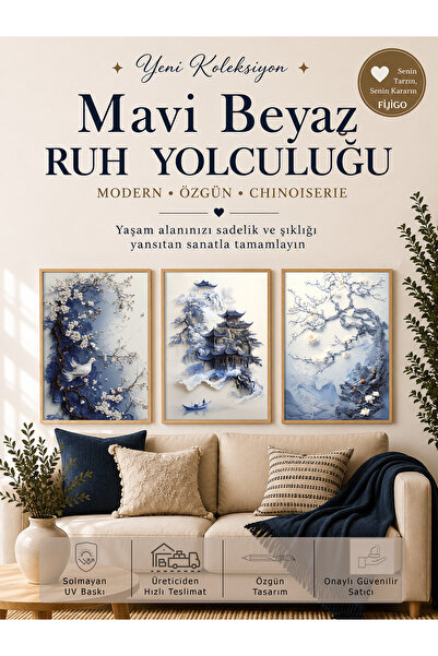 fijigo Çerçeveli Mavi-Beyaz Ruh Yolculuğu 3'lü Set Tablo