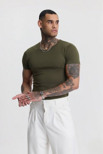 Buteks Khaki Green a Quality Cotton Slimfit Narrow Combed Cotton Lycra Body T-Shirt