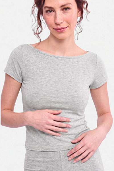 VODENS Melanj Gri Kayık Yaka Basic Ultra Soft %100 Pamuk Kısa Kol Body
