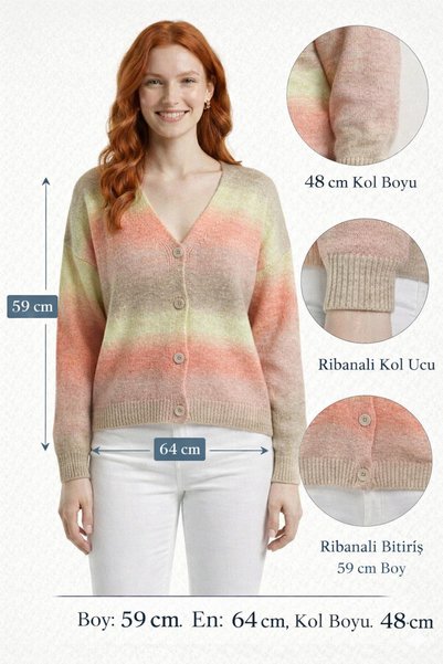 Neden Tekstil Salmon Camel Color Gradient V-Neck Knitwear Cardigan