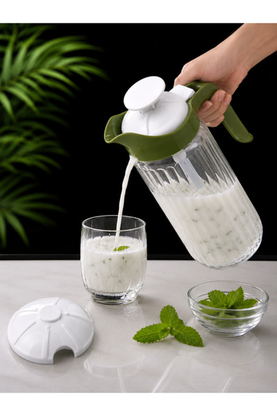 abenim 1500 cc Yeşil Kapaklı Cam Ayran Karıştırma Sürahisi (yedek kapaklı)