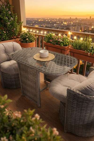 huteras Fiji Mini Bahçe Balkon Oturma Grubu Rattan 2+1+1 Gri Cam Sehpalı Dış ...