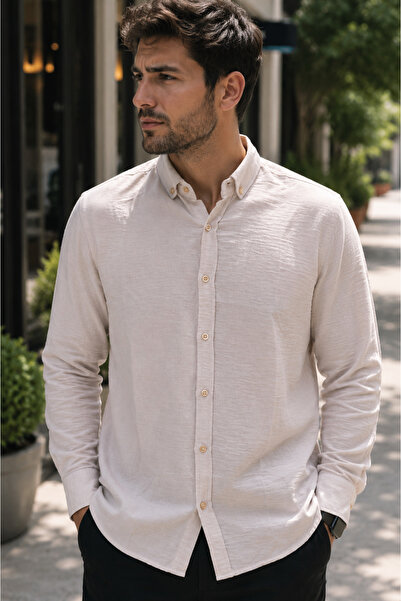 EMPEROR APPAREL Erkek Açık Bej Uzun Kollu Pera Keten Görünümlü Gömlek