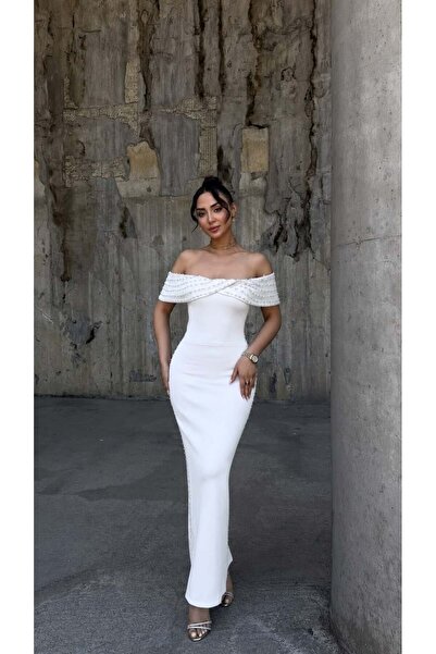 Modafeminen Scuba Flexible Fabric Degaje Collar Stone Detailed Βραδινό Φόρεμα...