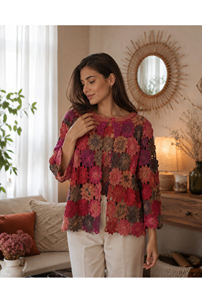 ARTTMACRAME كارديجان نسائي محبوك يدويًا - كارديجان محبوك بزخارف ملونة - كاردي...