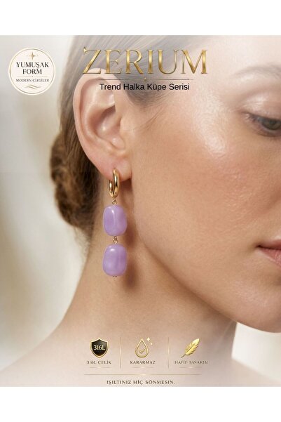 ZERİUM Dangle Steel Women's Hoop Earrings Trendy Natural Stone Look Lilac