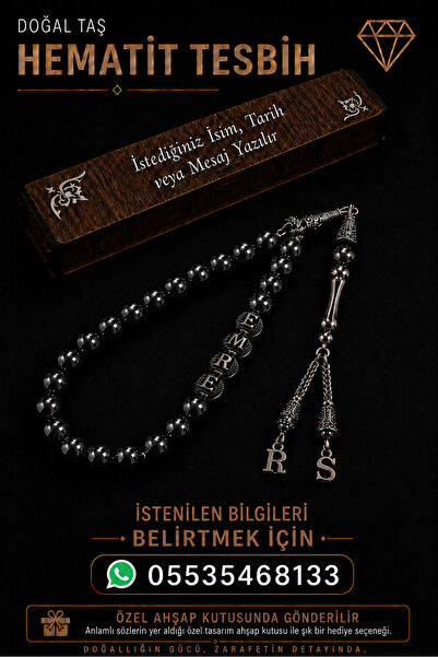 Steel Art Kuyumculuk Kişiye Özel İsimli Hematit Doğal Taş Tesbih Hediyelik Ah...