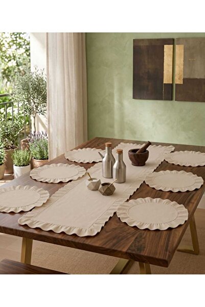 Luxoras Home Keten Fırfırlı Runner 6'lı Supla Amerikan Servis Seti - 7 Parça ...