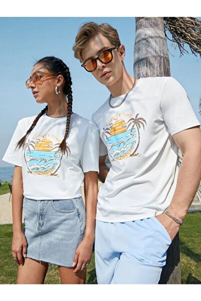 Adrift Unisex White Palm Printed Set of 2 Lover Couple Combination