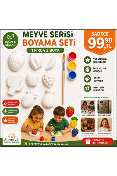 Aurocode Mini Meyve Serisi Alçı Boyama Seti | 8 Figür + 1 Fırça + 6 Renk Boya