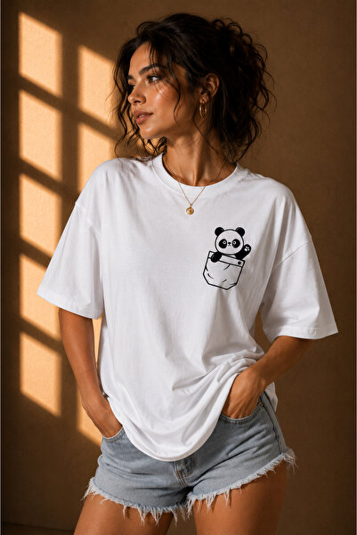 Clothify Unisex Large Size Pocket Panda Printed 100% Cotton A++ Oversize T-Shirt