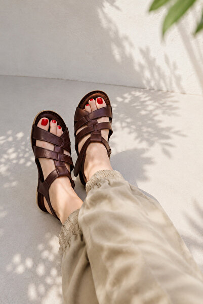 İNZE AYAKKABI Brown Strapped Genuine Leather Sandals-model: Rose