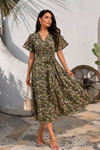 msm fashion Γυναικείο φόρεμα με μακρύ σχέδιο, κοντό μανίκι, διπλό γιακά, καλο...