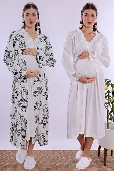 ByLohusa Floral Patterned Dressing Gown Maternity Nightgown Set Effortt - Ecru