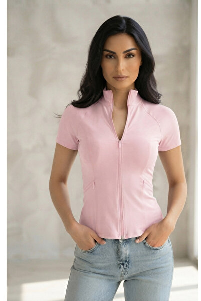 EDVESS Kısa Kollu Fermuarlı Slim Fit Bluz