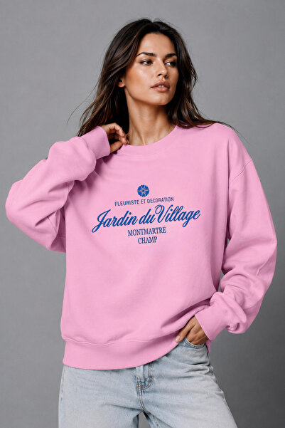 The Champ Clothing Hanorac oversize roz cu decolteu rotund, cu textul Montmar...