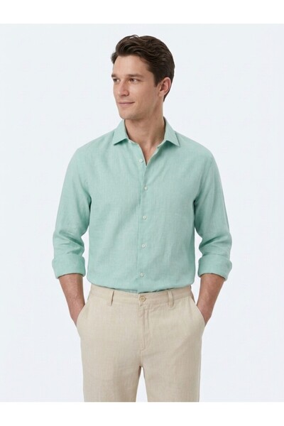 Kip Light Green Regular Fit Long Woven Casual Cotton Blend Shirt