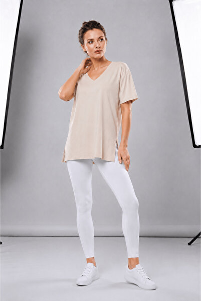 USLULAR Beige V-Neck Basic Women's T-Shirt 100% Cotton Side Slits Short Sleev...