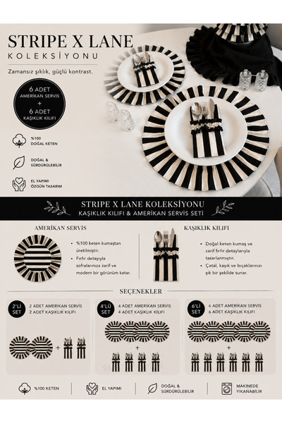 KaiAtelier 4-Piece Stripe Tableware Set / 4 Stripe Linen American Servings an...