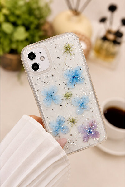 Go Aksesuar Iphone 11 Uyumlu EPOKSİLİ Mavi Simli Çiçek Tasarımlı Oyuncaklı Es...