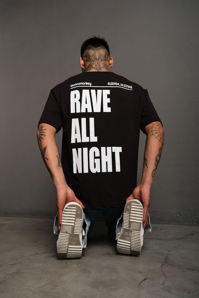 technomonkey Unisex Black Oversized Rave All Night Printed T-Shirt