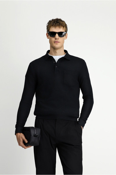 Kiğılı Polo Yaka Regular Fit Desenli Cepli Pamuk Sweatshirt